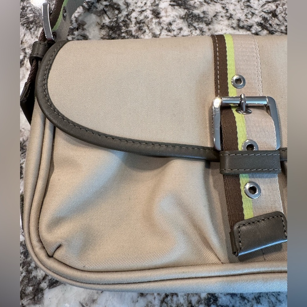 Vintage Longchamp Beige Olive Stripe Shoulder Bag Y2K Baguette France - Picture 6 of 12